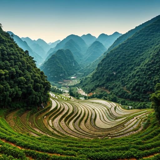 Toàn cảnh núi rừng Lào Cai với ruộng bậc thang và rừng quế trong ánh sáng buổi sáng